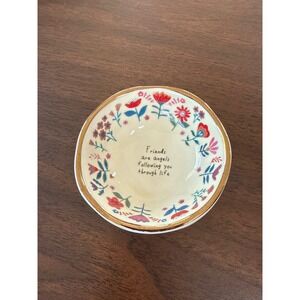 Natural Life Friends Are Angels Floral Ceramic Trinket Dish Gold Rim Ring Bowl